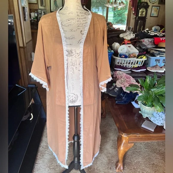 NWT LuLaRoe Womens Chloe Kimono Sz S Brown w White Lace Trim Short Sleeve NWT - Picture 16 of 16